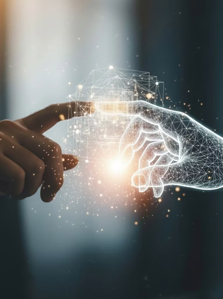 Mão humana e mão digital se encontrando, representando o trabalho com inteligência artificial